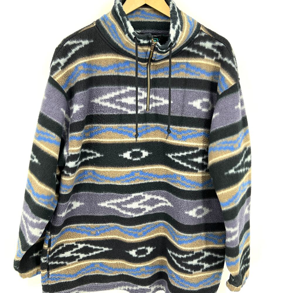 Vintage 90s Carlos Santana Mens Aztec 1/4 Zip Fleece Pull Over Drawstring Sz XL